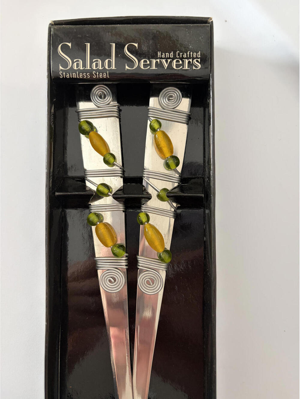 '03 Stainless Salad Servers Wire Wrap Beaded Whimsigoth